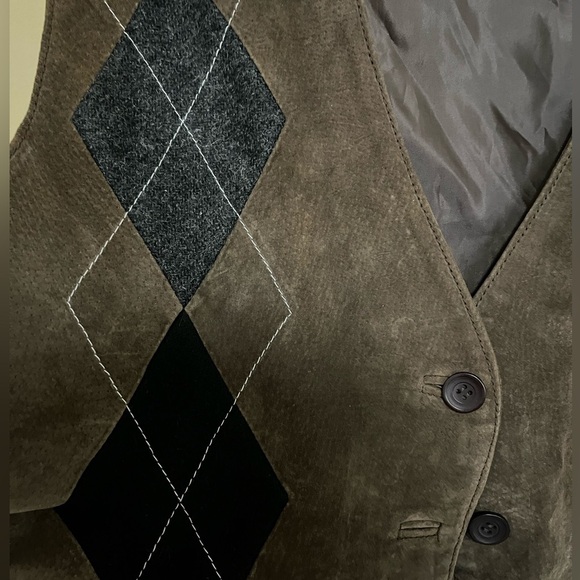 Vintage 90s Brandon Thomas Argyle Academia Western Leather Wool Button Vest Sz L - Picture 4 of 5